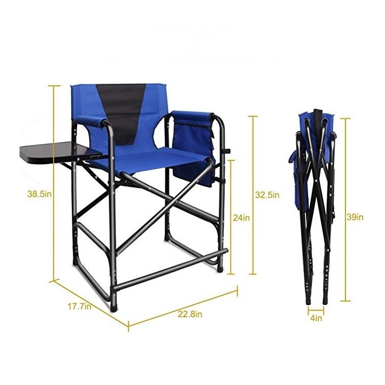 Tall Director's Chair Folding Portable Camping Chair, 24inch Seat Height Makeup Artist Collapsible Chair with Side Table Storage