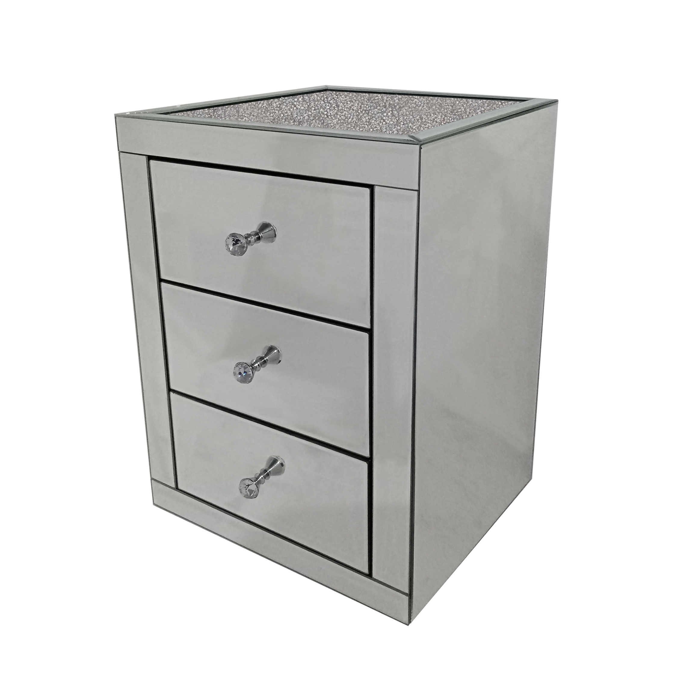 YGJS0540 Modern Home Furniture Glass Decor Crushed Diamond White bedroom Mirrored Bedside Tables with 3 Drawer