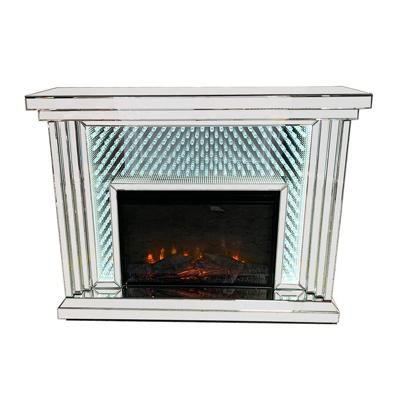 Wholesale floating crystal mirrored glam glass fireplace with LED light for sale