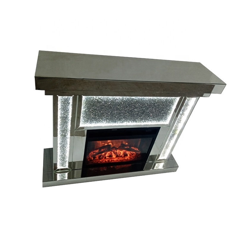 Wholesale floating crystal mirrored glam glass fireplace with LED light for sale