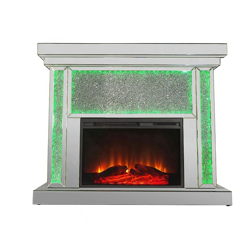 Wholesale floating crystal mirrored glam glass fireplace with LED light for sale