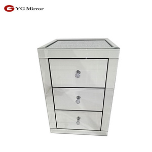 YGJS0082 Modern Home Furniture Glass Decor Crushed Diamond White Smart Mirror Bedside Tables 3 Drawer