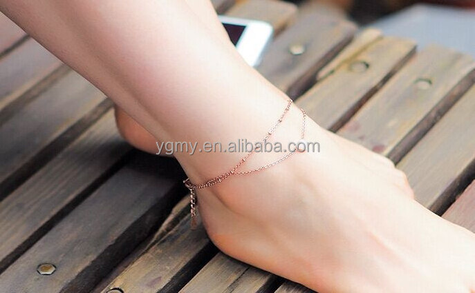 Summer Style Charming Heart Pendant Two Chains Golden Anklet Ankle Bracelet Foot Jewelry Barefoot Sandals Anklets For women