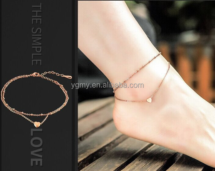 Summer Style Charming Heart Pendant Two Chains Golden Anklet Ankle Bracelet Foot Jewelry Barefoot Sandals Anklets For women