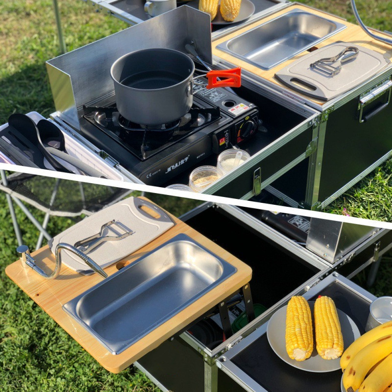 Outdoor portable  Kitchen OEM  Camping Picnic kitchen  storage Box Table Aluminum with Wheels Multi-function mobile kitchen