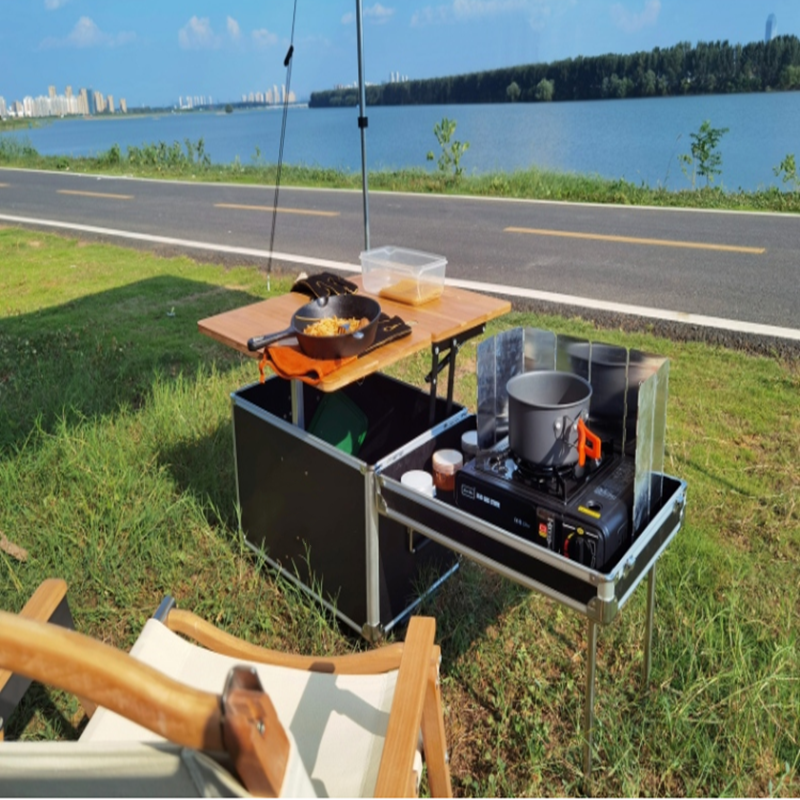 Outdoor portable  Kitchen OEM  Camping Picnic kitchen  storage Box Table Aluminum with Wheels Multi-function mobile kitchen