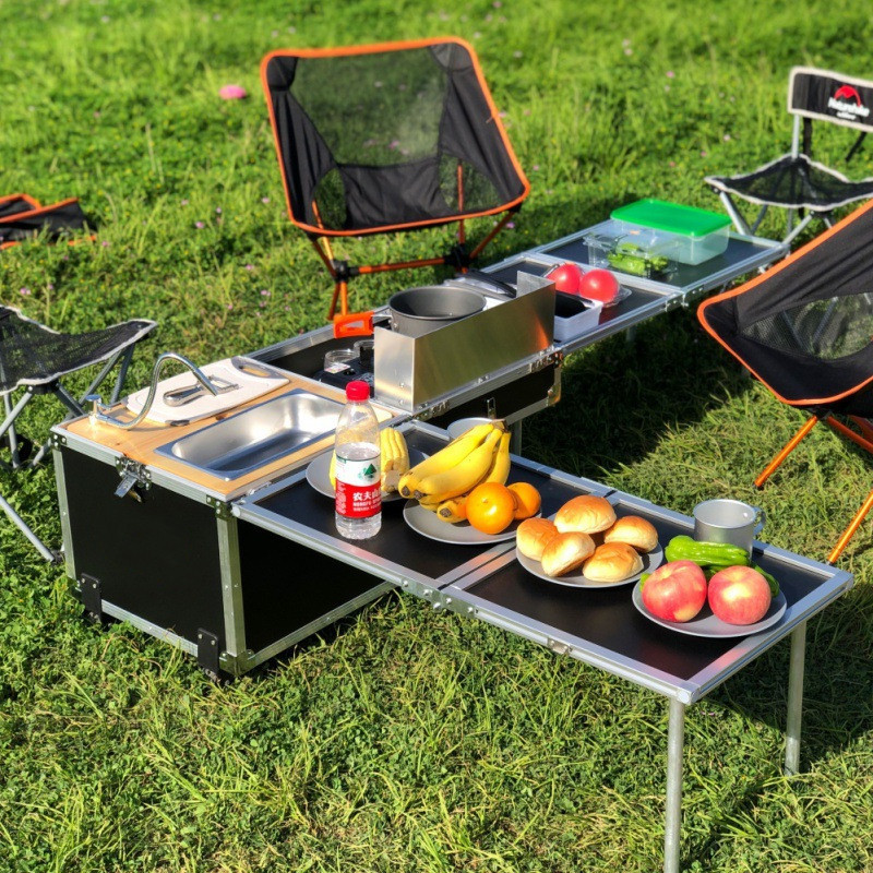 Outdoor portable  Kitchen OEM  Camping Picnic kitchen  storage Box Table Aluminum with Wheels Multi-function mobile kitchen