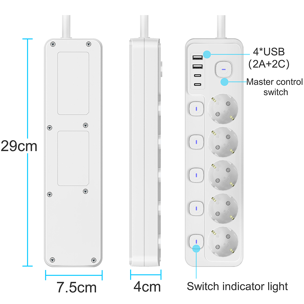 Electrical Outlet Cover Extension Cord EU FR Flat Child Protection Power Strip With 5 Outlet And S6witch