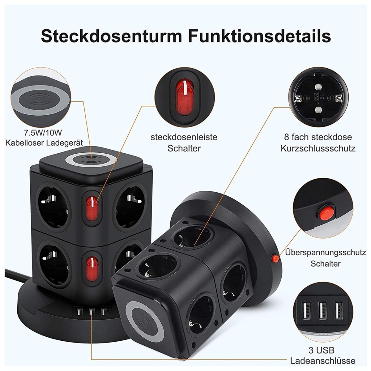 EU Standard German Type Socket 3/4/5 Power Strip In Row Flat Adapter Light Switch With Surge Protector Extension Cable