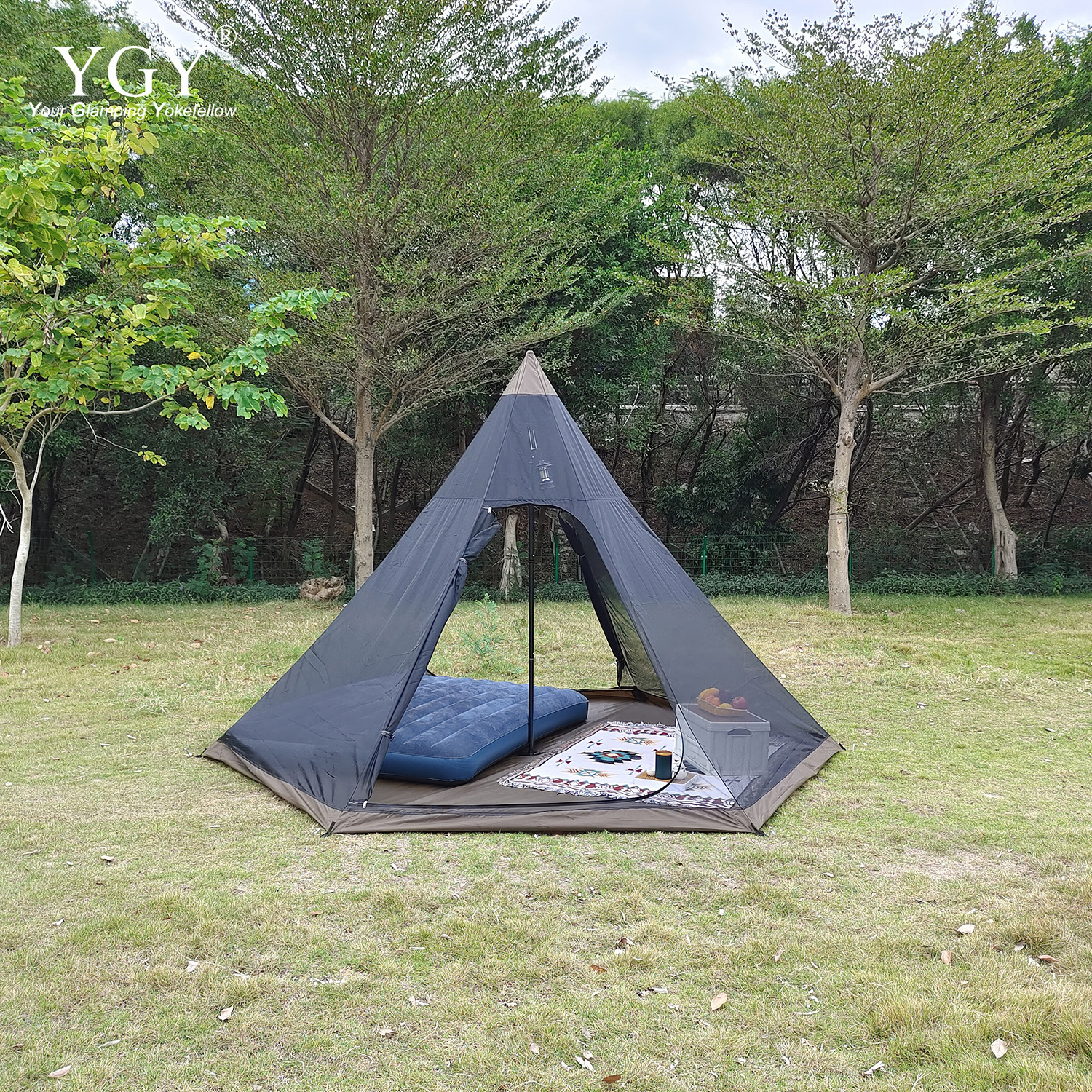 YGY Hot Tent with Stove Jack, Water-Proof,Double Layers,4 Seasons, Tipi for 4 Person,150D Oxford Black PU Coated 5000mm+ W/R