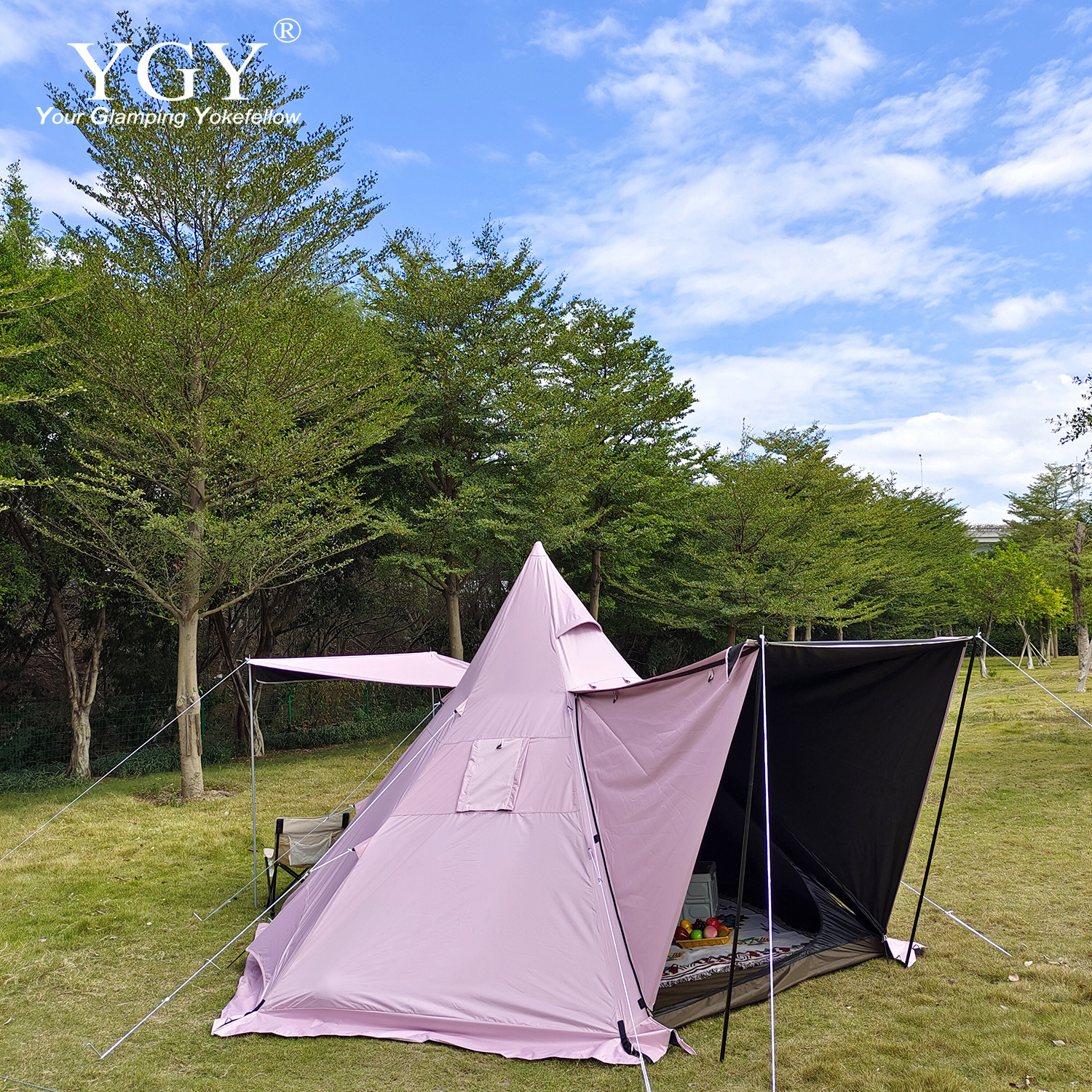 YGY Hot Tent with Stove Jack, Water-Proof,Double Layers,4 Seasons, Tipi for 4 Person,150D Oxford Black PU Coated 5000mm+ W/R