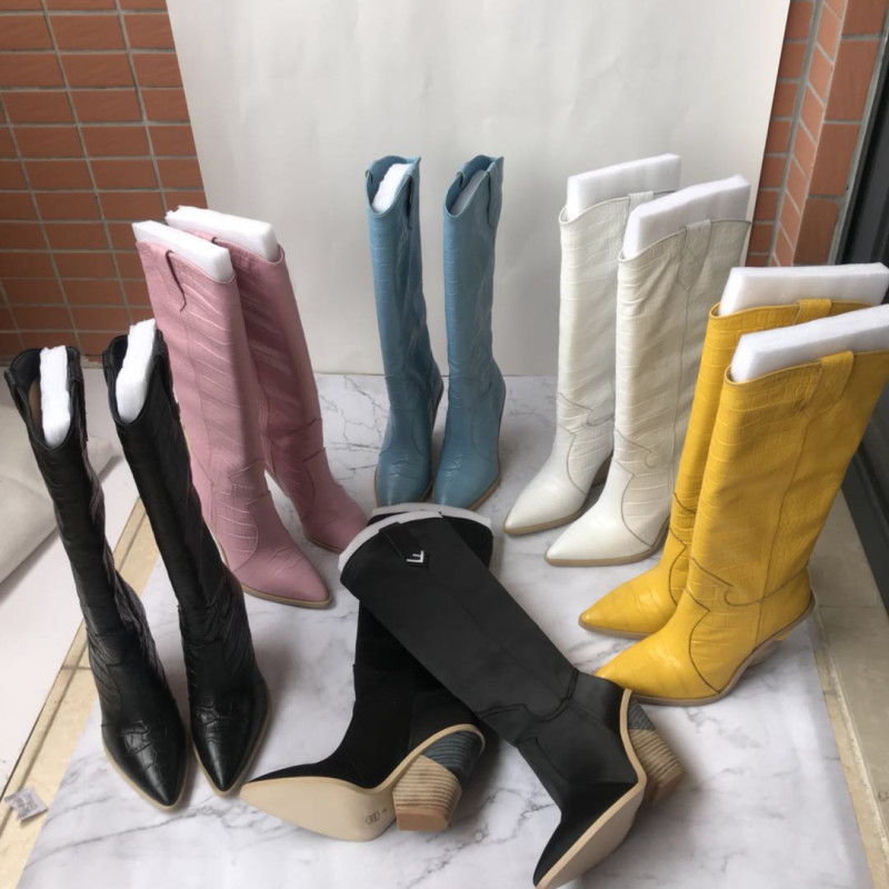 Women trendy leather boots high tube below knee slouch fit cowboy boots with crocodile skin textured leather