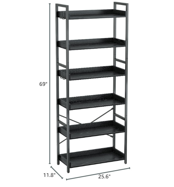 Rolanstar Industrial Bookcase 6 Tier 4 Hooks Vintage Storage Rack Rustic Open Shelves Black Metal Frame Display Rack Living Room