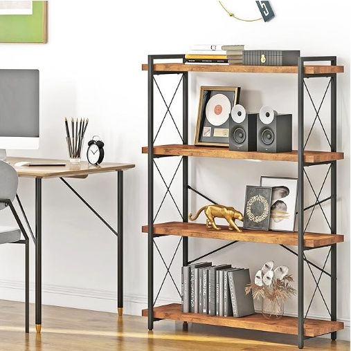 Modern 4-Tier Industrial Bookcase Rustic Open Freestanding Tall Bookshelf with Metal Frame for School or Mall Application