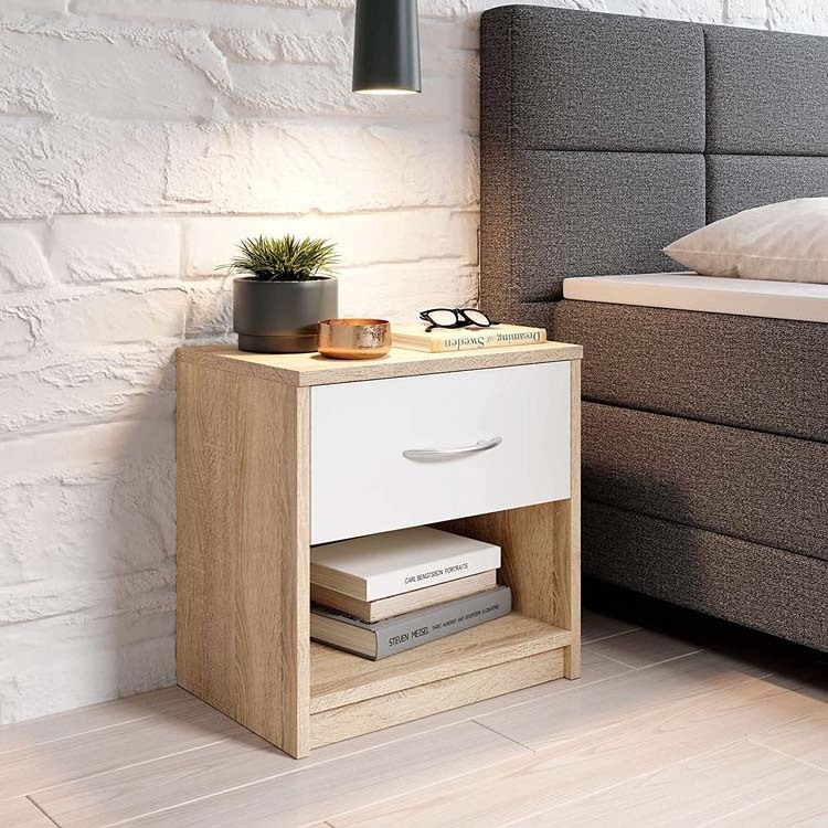 Small Modern Square Wood Nightstand with Smart Chest Drawers for Bedroom or Living Room Coffee or End Table Use