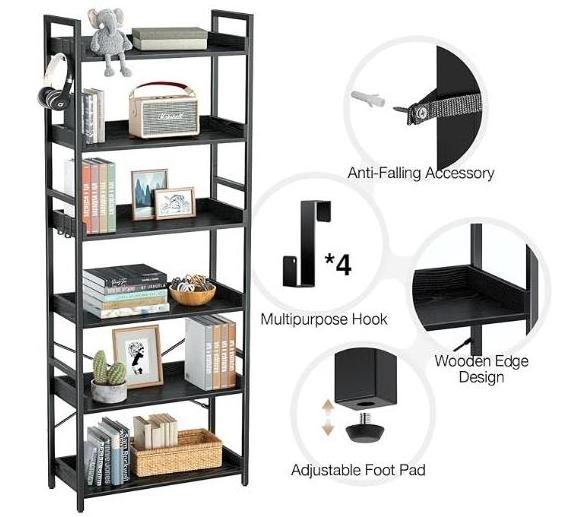 Rolanstar Industrial Bookcase 6 Tier 4 Hooks Vintage Storage Rack Rustic Open Shelves Black Metal Frame Display Rack Living Room