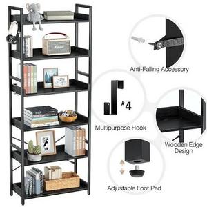 Rolanstar Industrial Bookcase 6 Tier 4 Hooks Vintage Storage Rack Rustic Open Shelves Black Metal Frame Display Rack Living Room