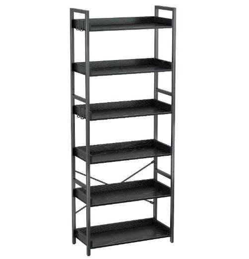 Rolanstar Industrial Bookcase 6 Tier 4 Hooks Vintage Storage Rack Rustic Open Shelves Black Metal Frame Display Rack Living Room