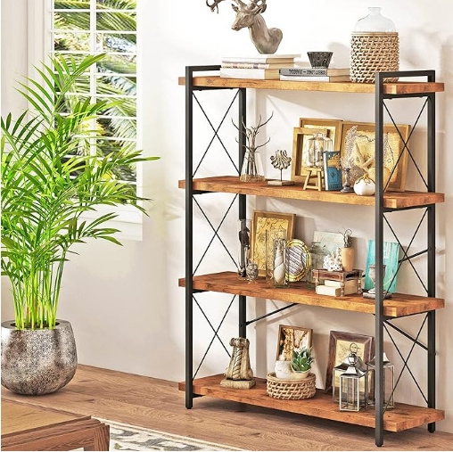 Modern 4-Tier Industrial Bookcase Rustic Open Freestanding Tall Bookshelf with Metal Frame for School or Mall Application