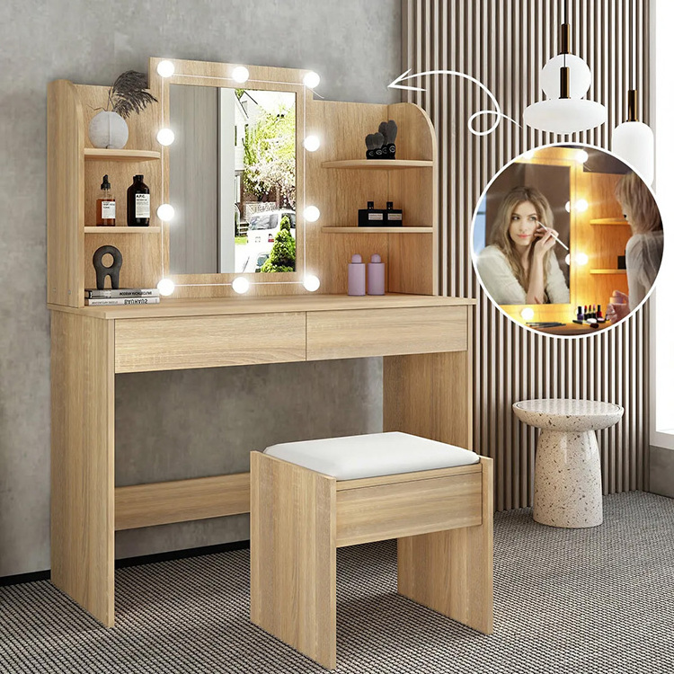 Schminktisch Tocador with Stool 2 Storage Drawer Shelves Dressing Makeup Vanity Table  Home Bedroom Wood Dresser Desk Table