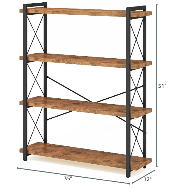 Modern 4-Tier Industrial Bookcase Rustic Open Freestanding Tall Bookshelf with Metal Frame for School or Mall Application