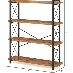 Modern 4-Tier Industrial Bookcase Rustic Open Freestanding Tall Bookshelf with Metal Frame for School or Mall Application