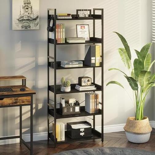 Rolanstar Industrial Bookcase 6 Tier 4 Hooks Vintage Storage Rack Rustic Open Shelves Black Metal Frame Display Rack Living Room