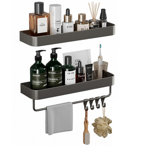 Aluminum Alloy Bathroom Storage Rack Wall Mounted Black Square Bathroom Shower Shelf With Towel Rack