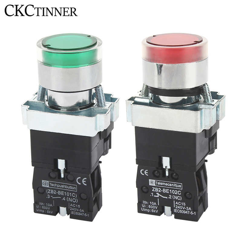 22M Metal LED Push Button Switch Light Industrial Machine Metal Button Switch Self-reset Momentary Button Switch 1NO 1NC XB2-BW