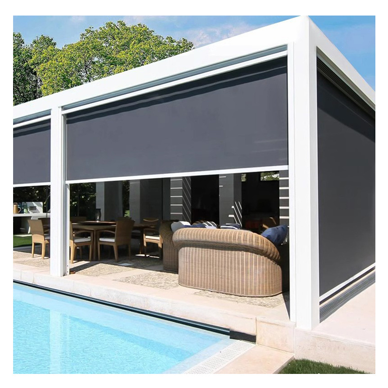 Customized balcony motorized electric windproof zip track outdoor roller blinds Aluminum Pergola Curtain