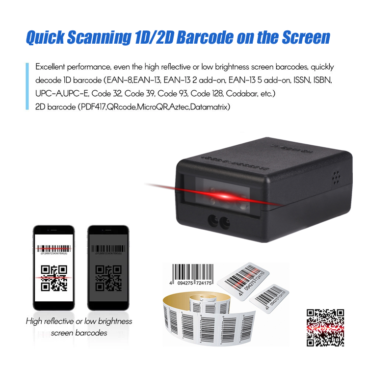 1D 2D QR Barcode Scanner Module Engine Embedded CCD Fixed Bar Code Reader Module for Kiosk RS232 USB Interface OEM ODM