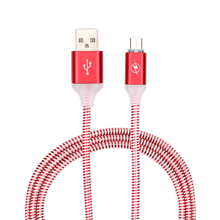 Economic colorful flash LED spiral texture aluminium alloy usb data cable mobile phone charger cable with fiber optic