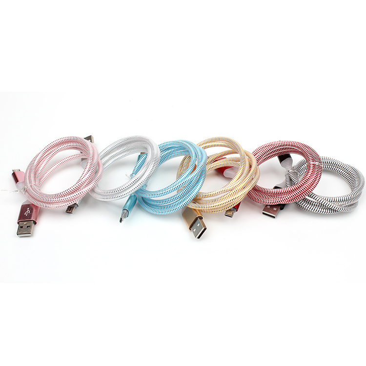 Economic colorful flash LED spiral texture aluminium alloy usb data cable mobile phone charger cable with fiber optic