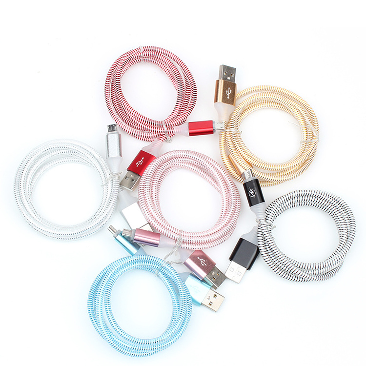 Economic colorful flash LED spiral texture aluminium alloy usb data cable mobile phone charger cable with fiber optic