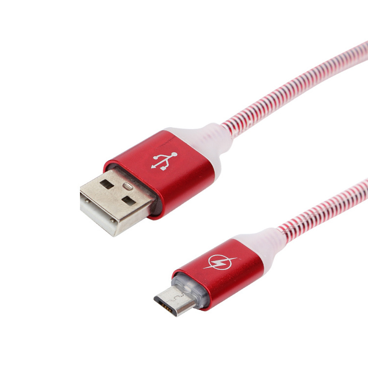 Economic colorful flash LED spiral texture aluminium alloy usb data cable mobile phone charger cable with fiber optic