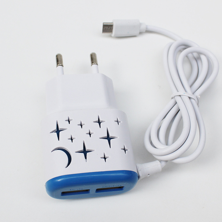 Smart niversally star mobile phone Travel charging 2 USB cell phone charger with V8 micro usb cable LED light