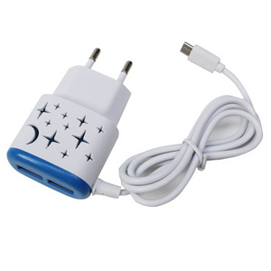 Smart niversally star mobile phone Travel charging 2 USB cell phone charger with V8 micro usb cable LED light