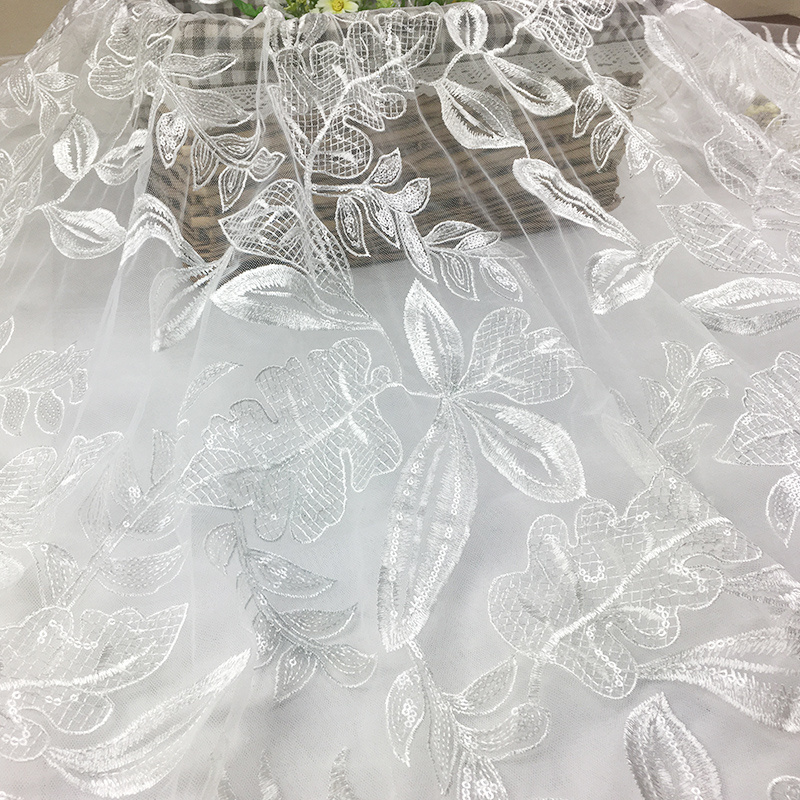 Hot sale wedding embroidery sequin leaf tulle lace materials