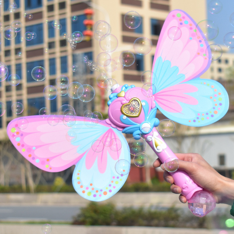 2024 Summer Outdoor Princess Light Up Electric Automatic Butterfly Bubble Wand Plastic Magic Bubble Glow Stick For kids girls