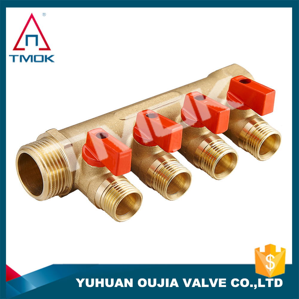 brass ball 3/4 inch exhaust flow water pex pipe manifold for underfloor heating ISO CE PTFE seated forged 4 way manifold