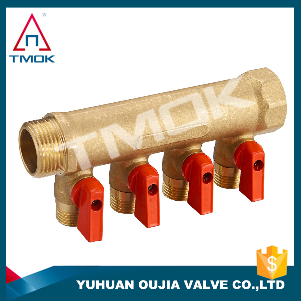 brass ball 3/4 inch exhaust flow water pex pipe manifold for underfloor heating ISO CE PTFE seated forged 4 way manifold