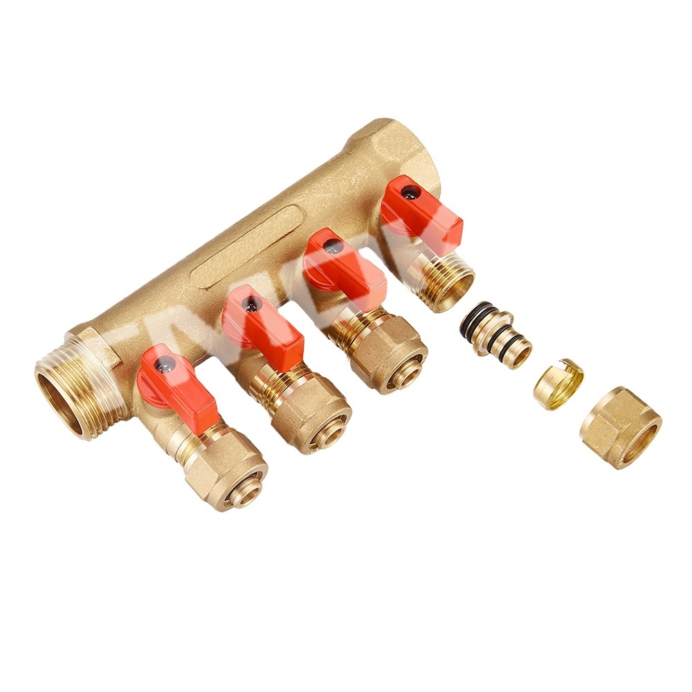 brass ball 3/4 inch exhaust flow water pex pipe manifold for underfloor heating ISO CE PTFE seated forged 4 way manifold