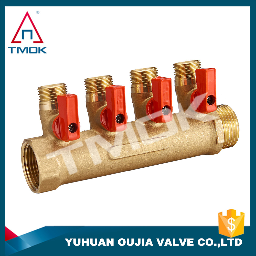 brass ball 3/4 inch exhaust flow water pex pipe manifold for underfloor heating ISO CE PTFE seated forged 4 way manifold