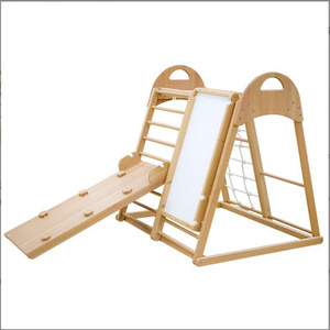 New Safety kids wood climbing frame indoor playground wood slide for kids indoor wooden baby slide and swing climb rope ladder