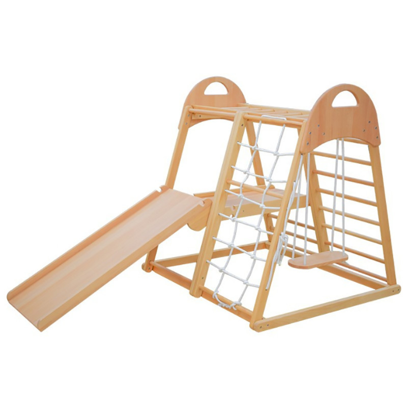 New Safety kids wood climbing frame indoor playground wood slide for kids indoor wooden baby slide and swing climb rope ladder