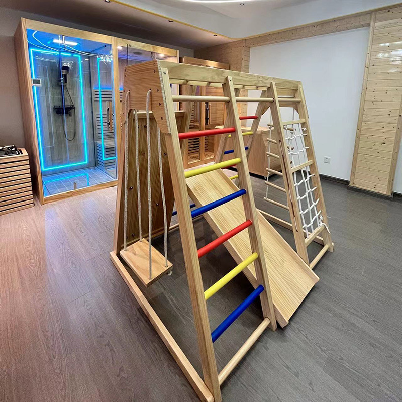 Children indoor wooden slide swing set wooden climbing frame and  Climbing nets Crawl Wooden climbing ladder