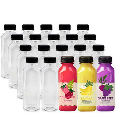 250ml 350ml 400ml PET Juice Bottle Customized Square Shape Transparent PET Drinks Plastic Juice Bottle With Cap