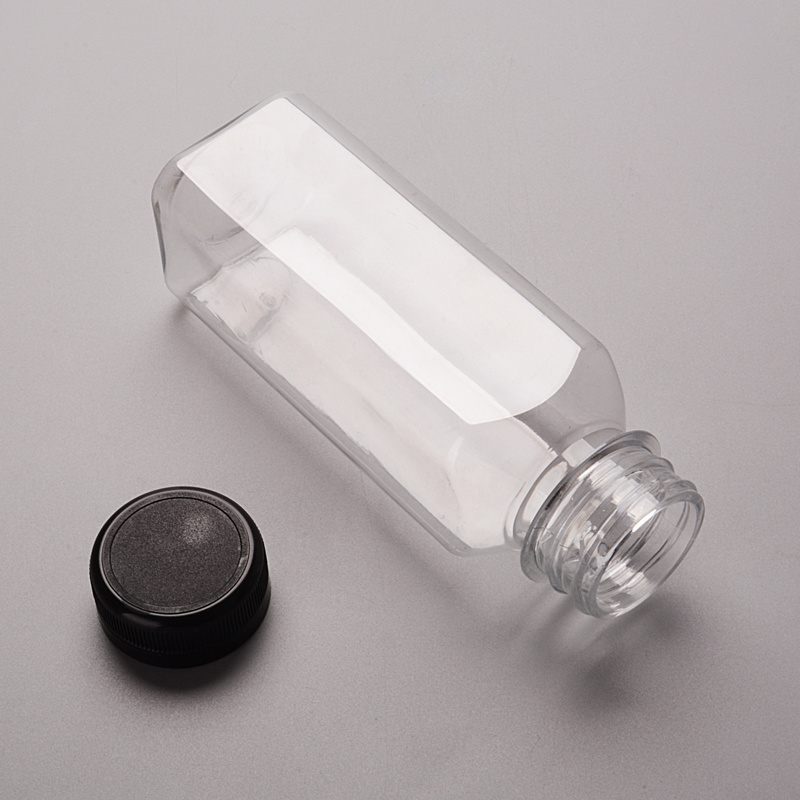 250ml 350ml 400ml PET Juice Bottle Customized Square Shape Transparent PET Drinks Plastic Juice Bottle With Cap