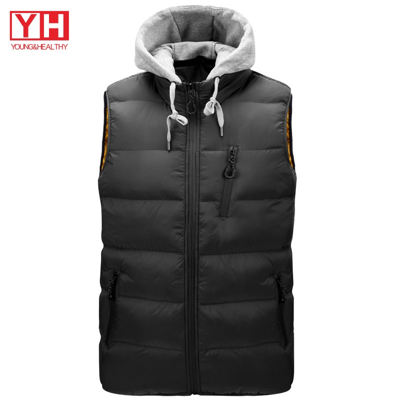 OEM Custom Winter Sleeveless Hoody Jacket For Men Zipper Pocket Plus Size Quilted Puffer Vest With Hoodie