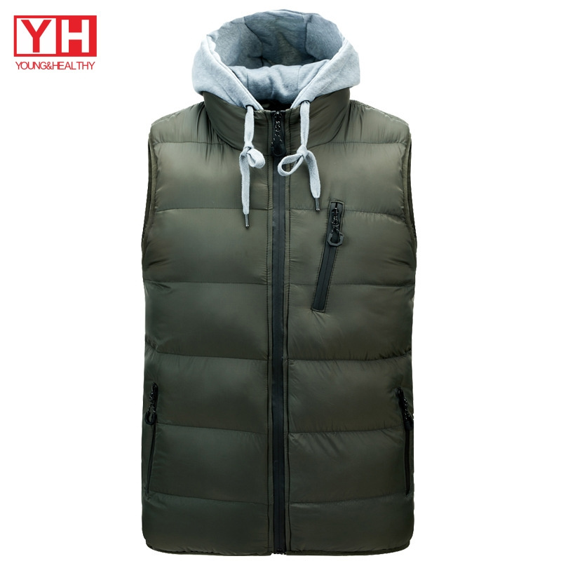 OEM Custom Winter Sleeveless Hoody Jacket For Men Zipper Pocket Plus Size Quilted Puffer Vest With Hoodie